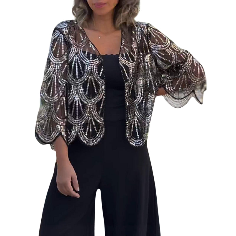 Ellie - Korte Mouw Casual Cardigan met Pailletten en Kralen