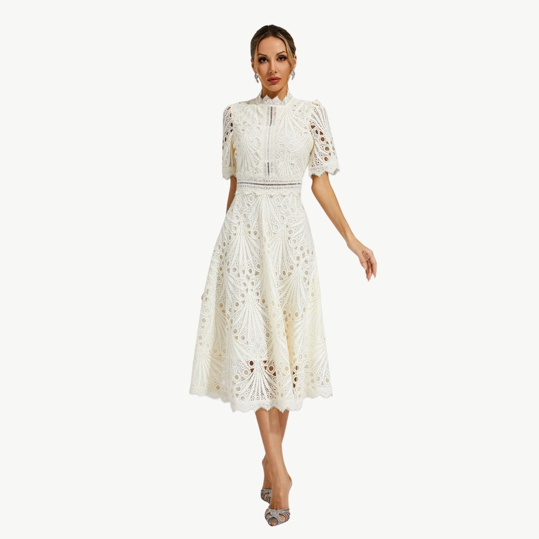 Elizabeth - Kant Jurk met Holle Details Ronde Hals en Middenkuit Lengte
