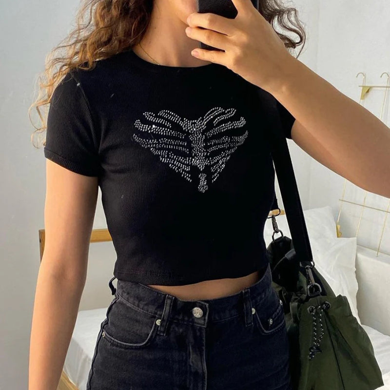 Riley - Crop Top met Vlinderprint en Ronde Hals