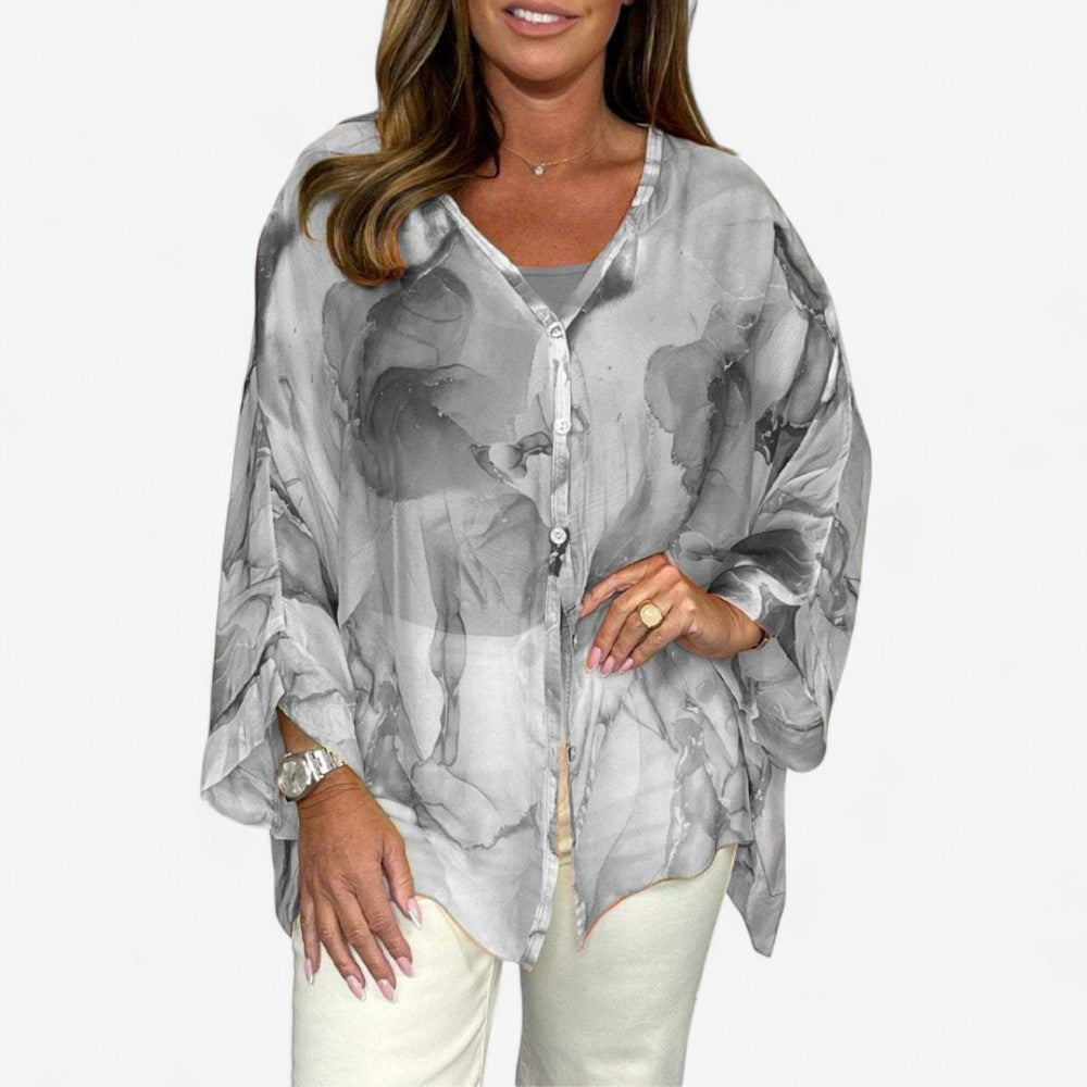 Fleur - V Hals Bedrukte Blouse met Lange Mouwen