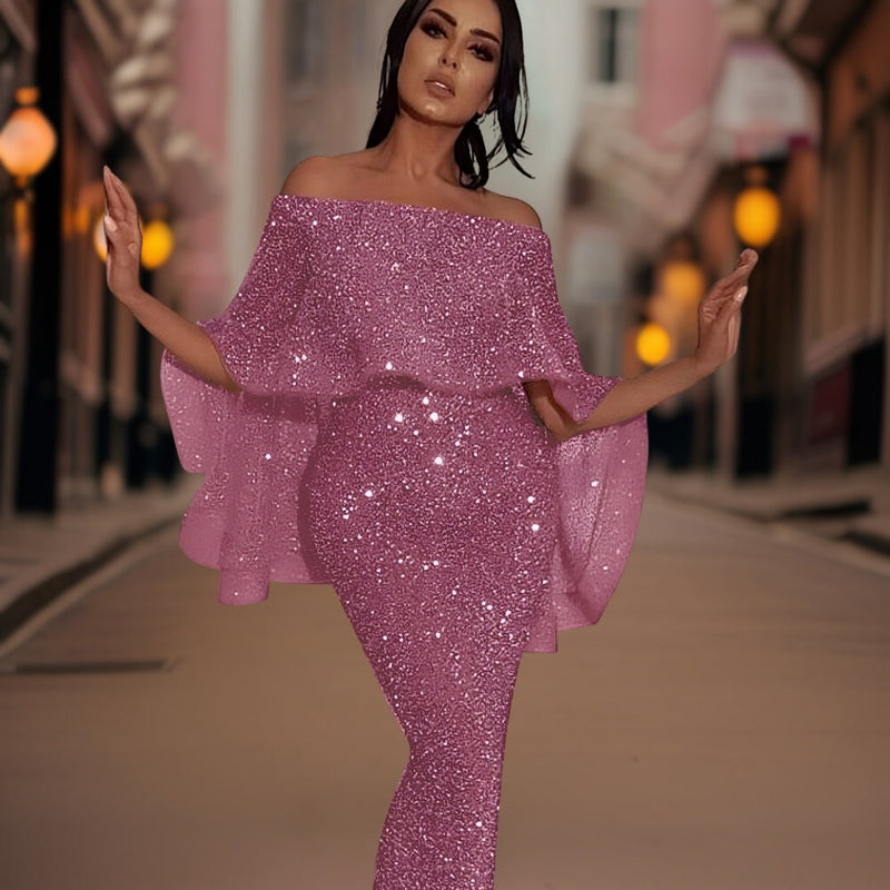 Celeste - Elegante off-shoulder jurk met vloeiende mouwen en getailleerd silhouet