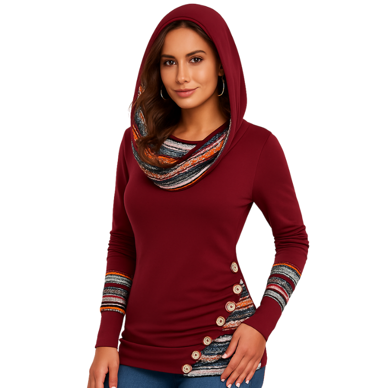 Emme – Gebreide Hoodie met Lange Mouwen, Knopen en Geometrische Strepen