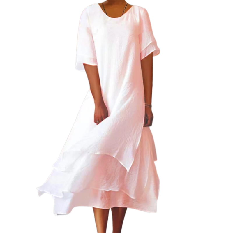Sophie – Korte Mouwen Color-Block Jurk met Ronde Hals en Zijsplit