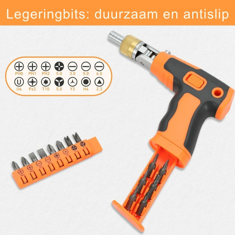 GripTrek – Compacte ratelschroevendraaierset met magnetische handgreep en 14 veelzijdige bits