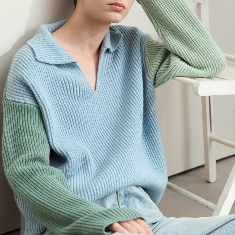 Sophia – V Hals Color Block Trui met Losse Pasvorm en Verlaagde Schouders