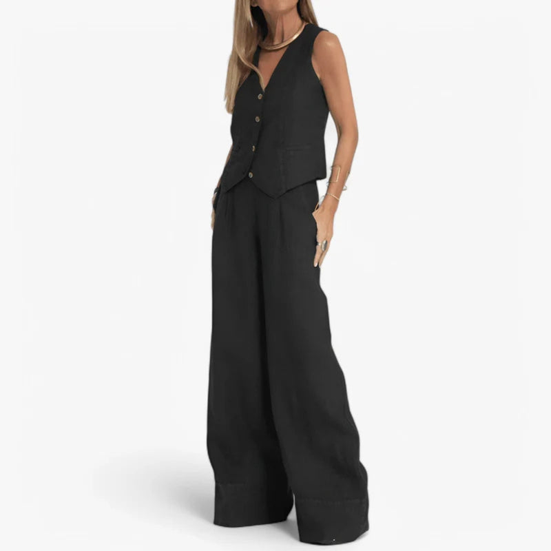 Lina - Elegante tweedelig set met knoopvest en wijde broek