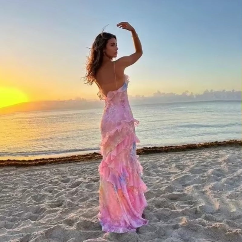 Selena – Maxi Jurk met Bloemenprint en Ontwerp Zonder Rug en Mouwloos