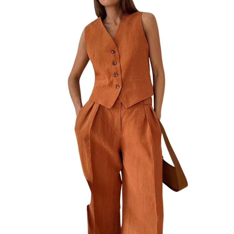 Elora – Tailored tweedelige set met mouwloze top en wijd uitlopende broek