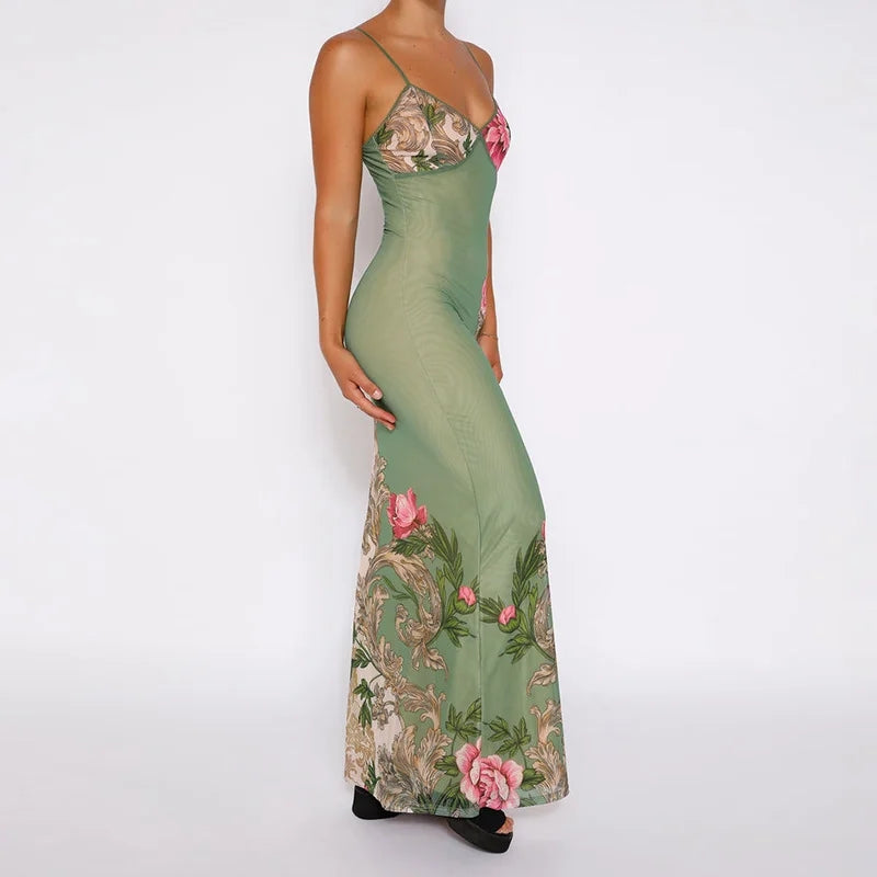 Elara – Maxi-jurk met Spaghettibandjes en Bloemenprint