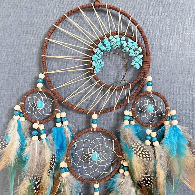 DreamAura – Turquoise Tree of Life Droomvanger met Veren voor Boho-geïnspireerde Decoratie