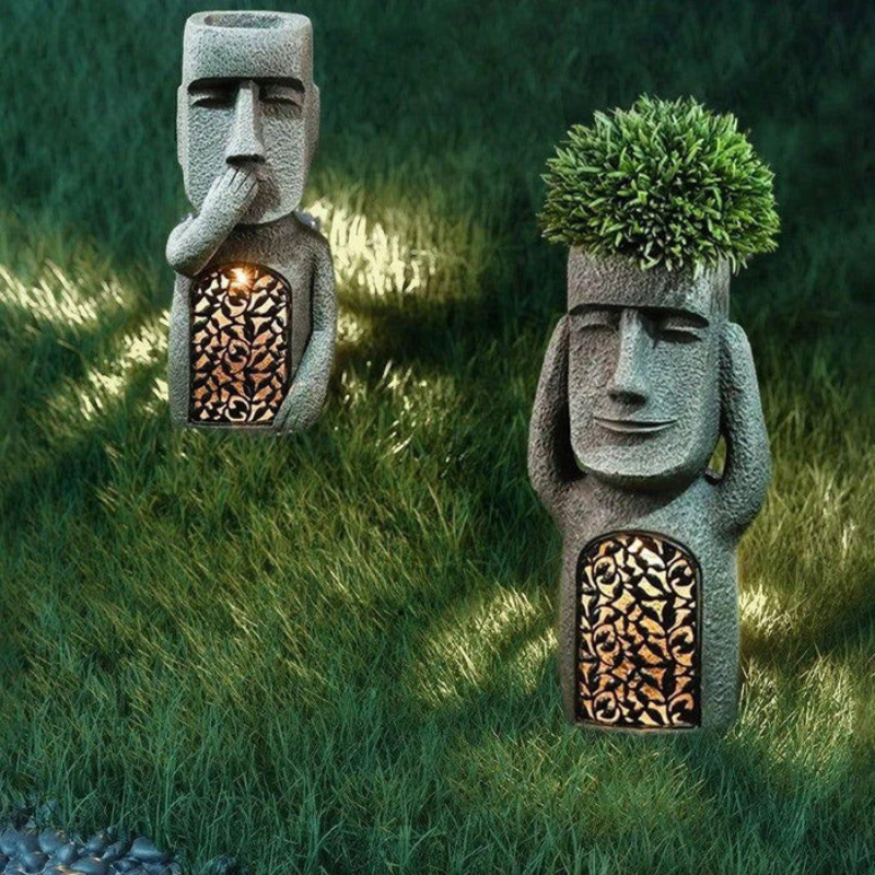 StoneMuse – Abstracte Gezicht Bloempot met Zonne-LED