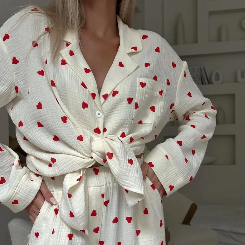 Luna - Hart Print Lounge Set met Knop Down Top en Wijde Broek