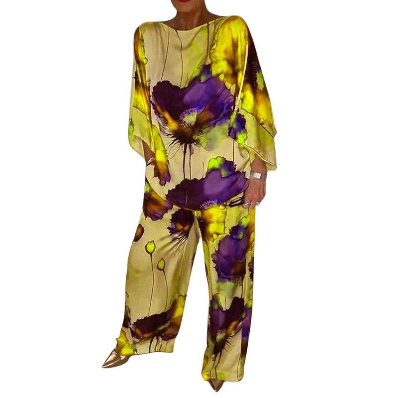 Alina – Casual Tweedelige Satijnen Set met Ronde Hals en Bloemenprint