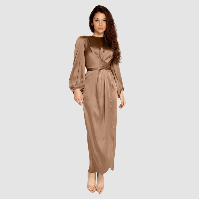 Elena - Moderne Lange Jurk met Pofmouwen en Taille Detail