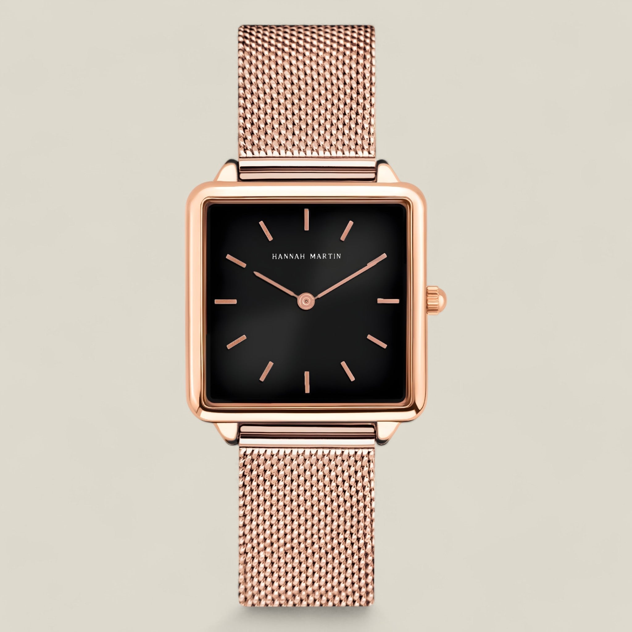 Nora - Tijdloos Rose Goud Vierkant Horloge Met Zwarte Wijzerplaat En Mesh Armband