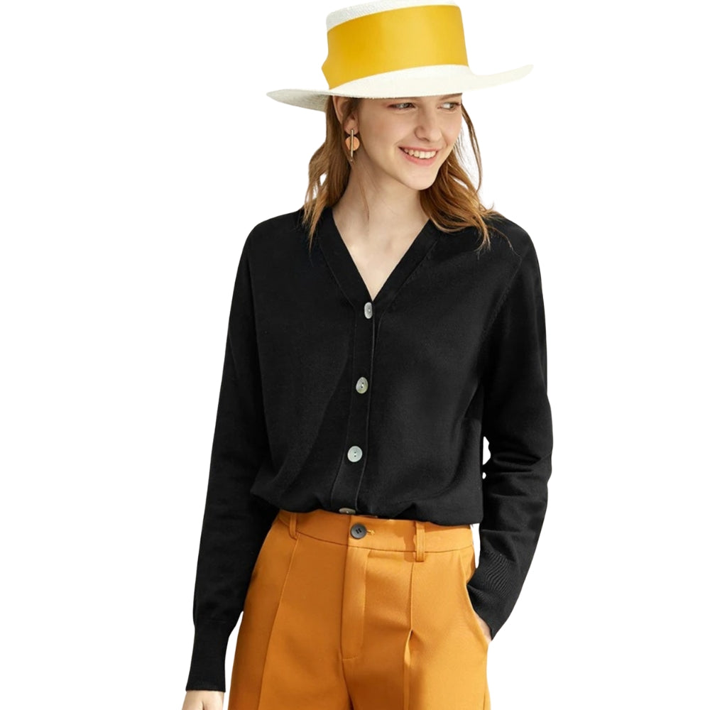 Stephanie - V hals cardigan met lange mouwen en knoopsluiting