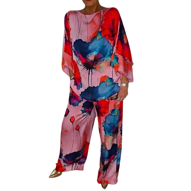 Alina – Casual Tweedelige Satijnen Set met Ronde Hals en Bloemenprint