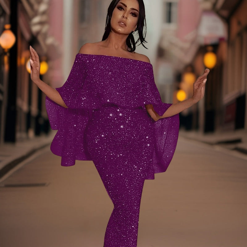 Celeste - Elegante off-shoulder jurk met vloeiende mouwen en getailleerd silhouet