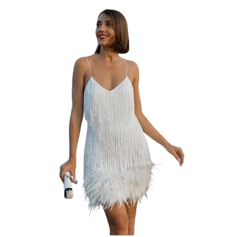 Anna – Elegante Witte Cocktailjurk met Franjes en Verenafwerking