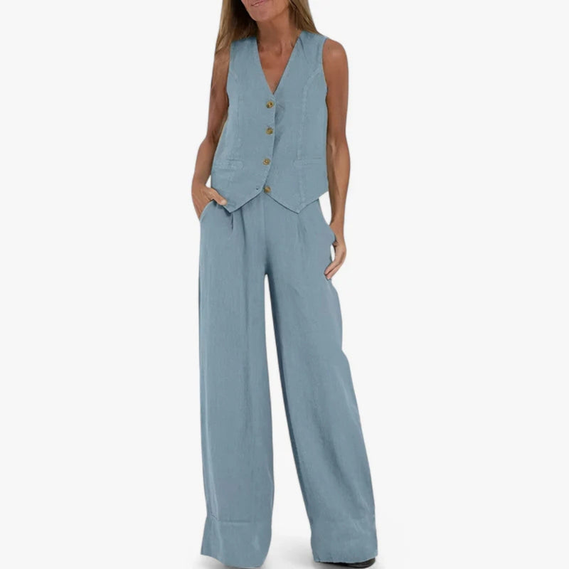 Lina - Elegante tweedelig set met knoopvest en wijde broek