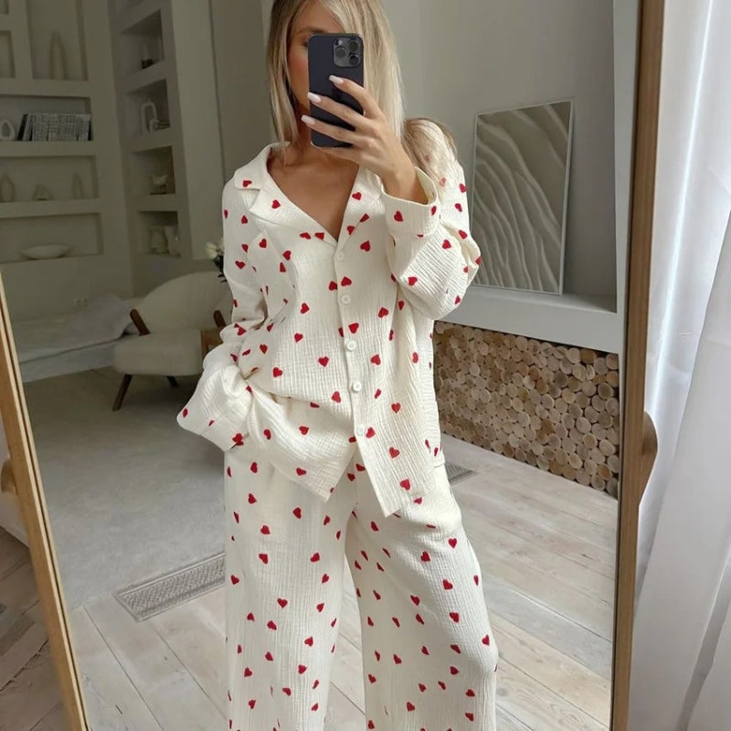Luna - Hart Print Lounge Set met Knop Down Top en Wijde Broek