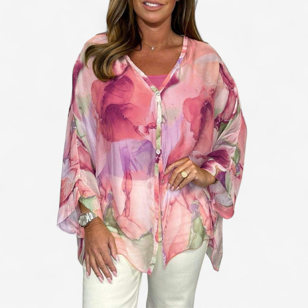 Fleur - V Hals Bedrukte Blouse met Lange Mouwen