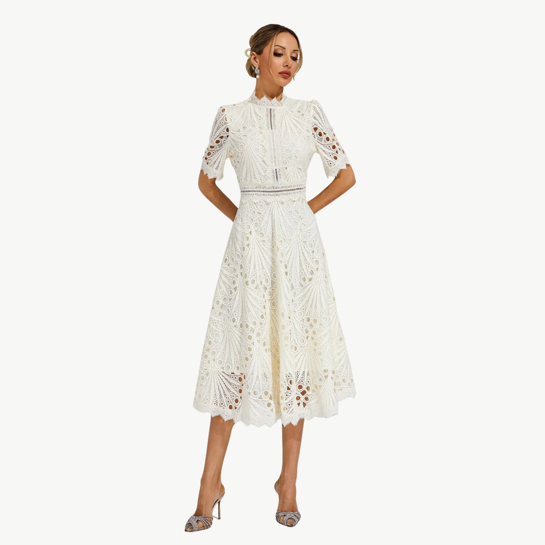 Elizabeth - Kant Jurk met Holle Details Ronde Hals en Middenkuit Lengte