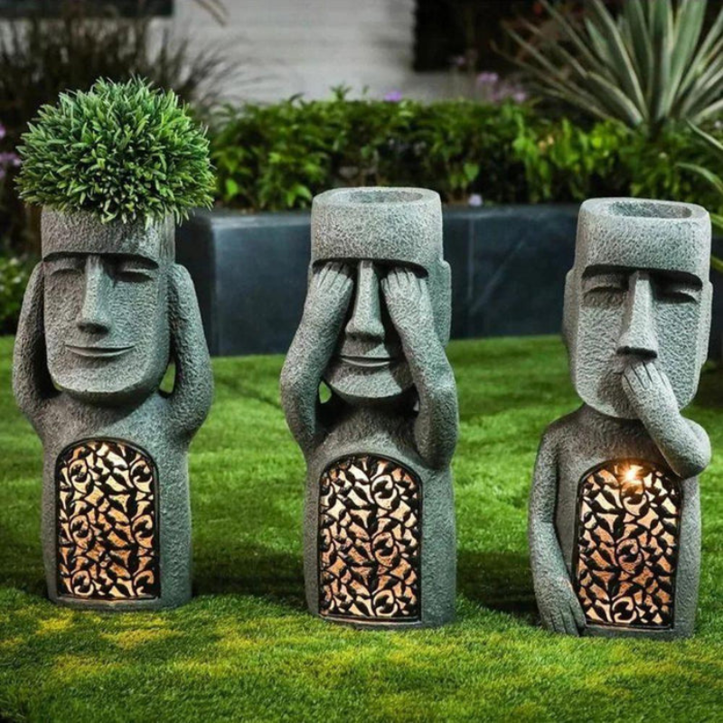 StoneMuse – Abstracte Gezicht Bloempot met Zonne-LED