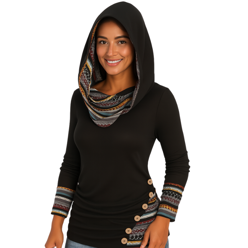 Emme – Gebreide Hoodie met Lange Mouwen, Knopen en Geometrische Strepen