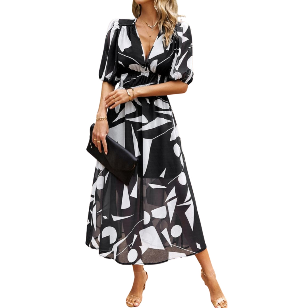Isabella - Bloemen Midi Jurk met V Hals en Korte Mouwen