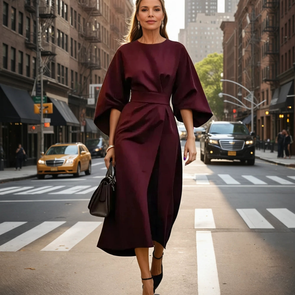 Alira - Elegante midi-jurk met lantaarnmouwen en tailleband