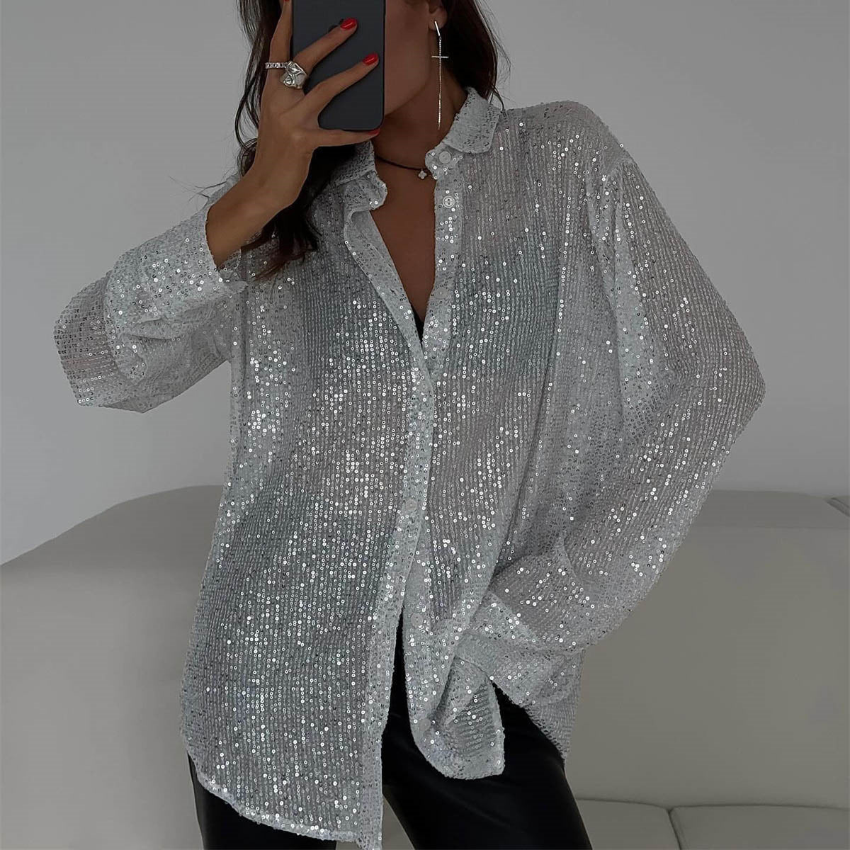 Luna - Sequin blouse met lange mouwen en klassieke kraag