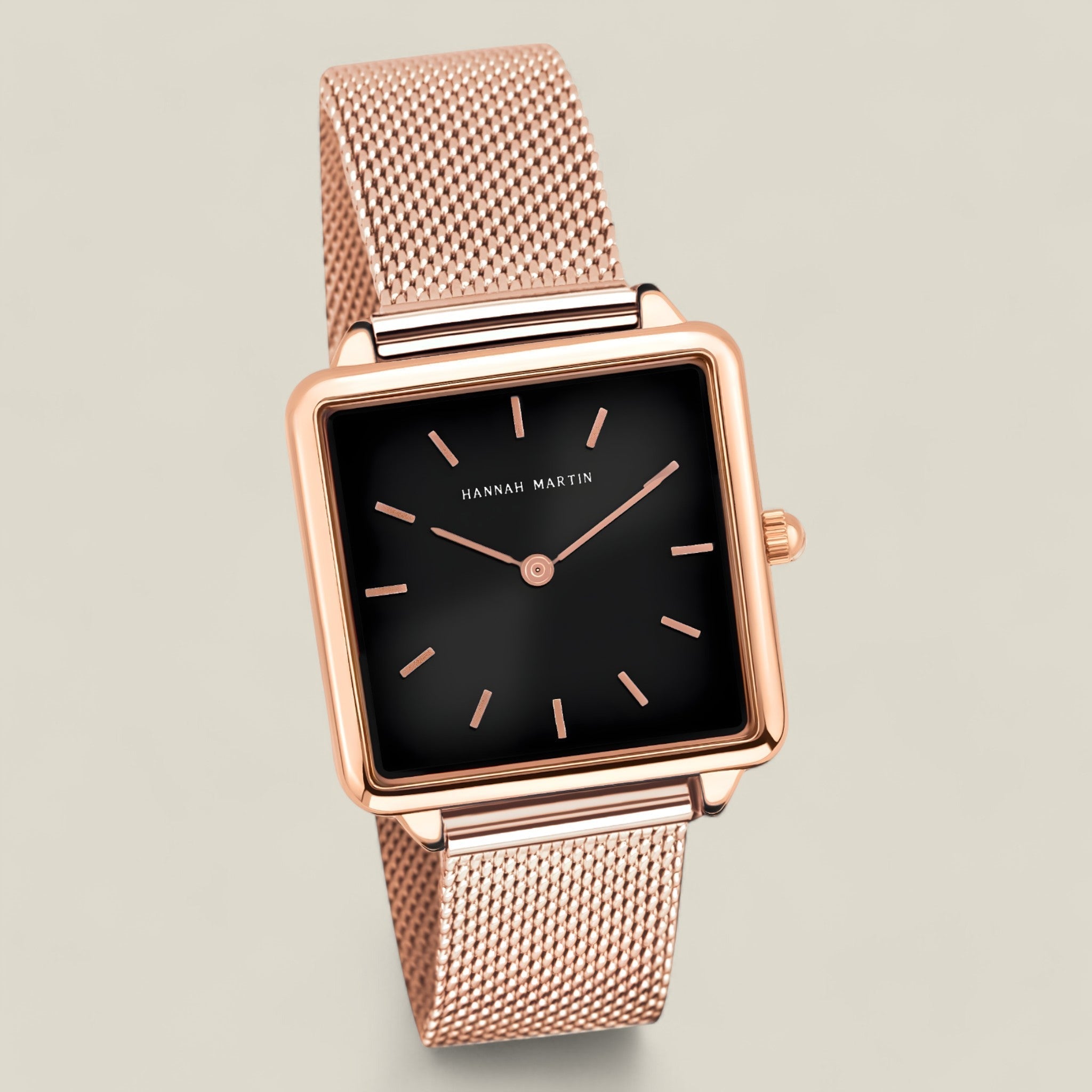 Nora - Tijdloos Rose Goud Vierkant Horloge Met Zwarte Wijzerplaat En Mesh Armband