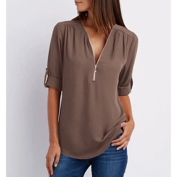 Siena – Losse blouse met ritssluiting aan de voorkant en diepe V-hals