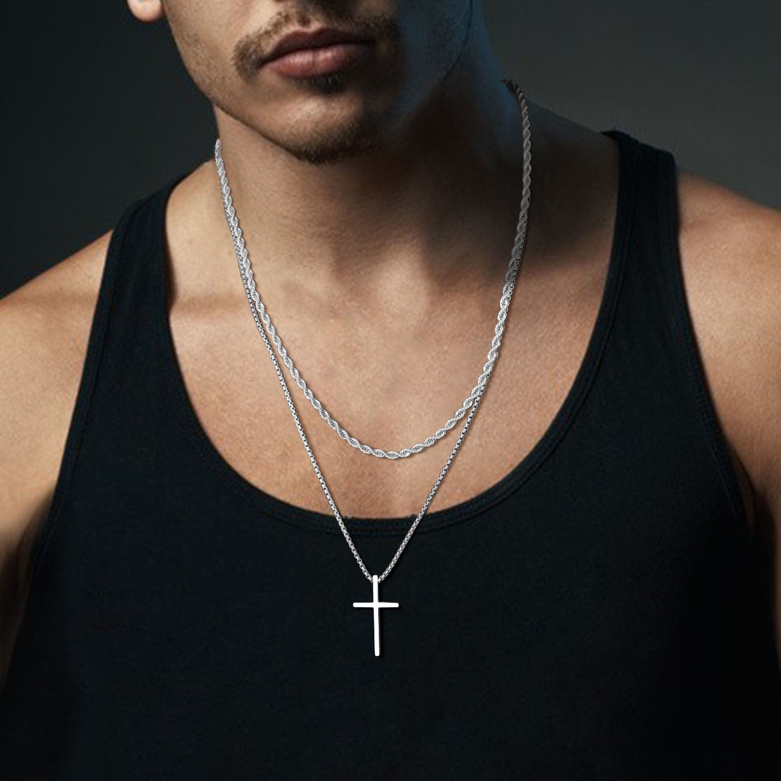 Henry - Elegante ketting met gelaagde kruishanger en touwketting