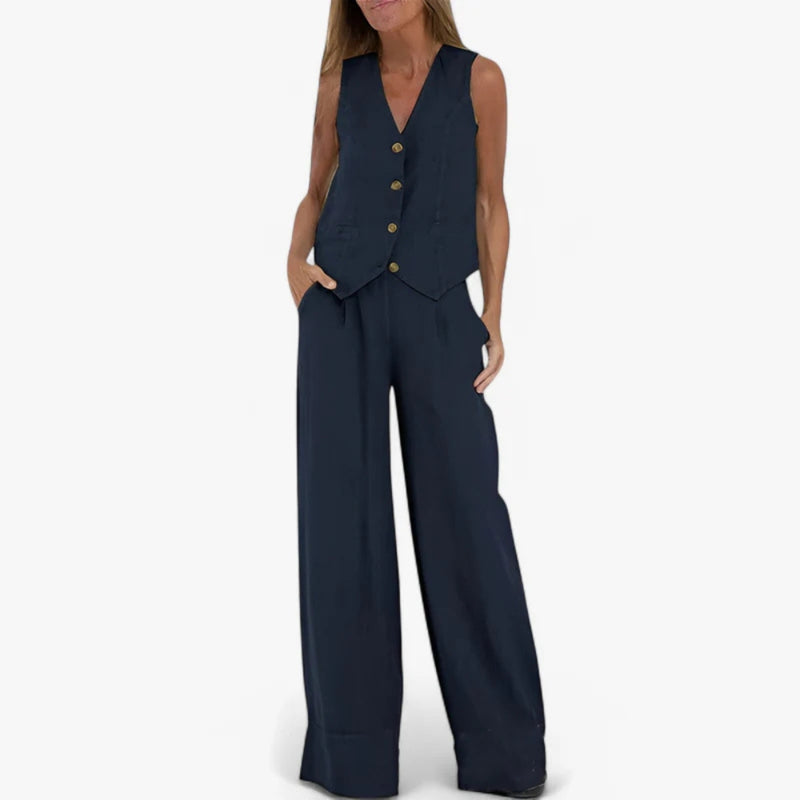 Lina - Elegante tweedelig set met knoopvest en wijde broek