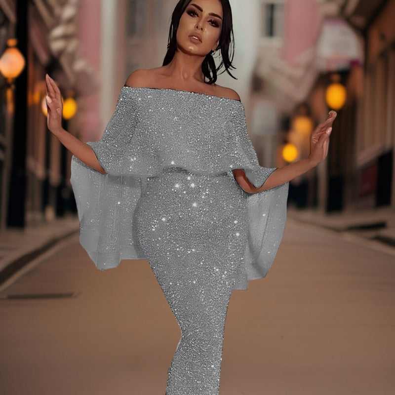 Celeste - Elegante off-shoulder jurk met vloeiende mouwen en getailleerd silhouet
