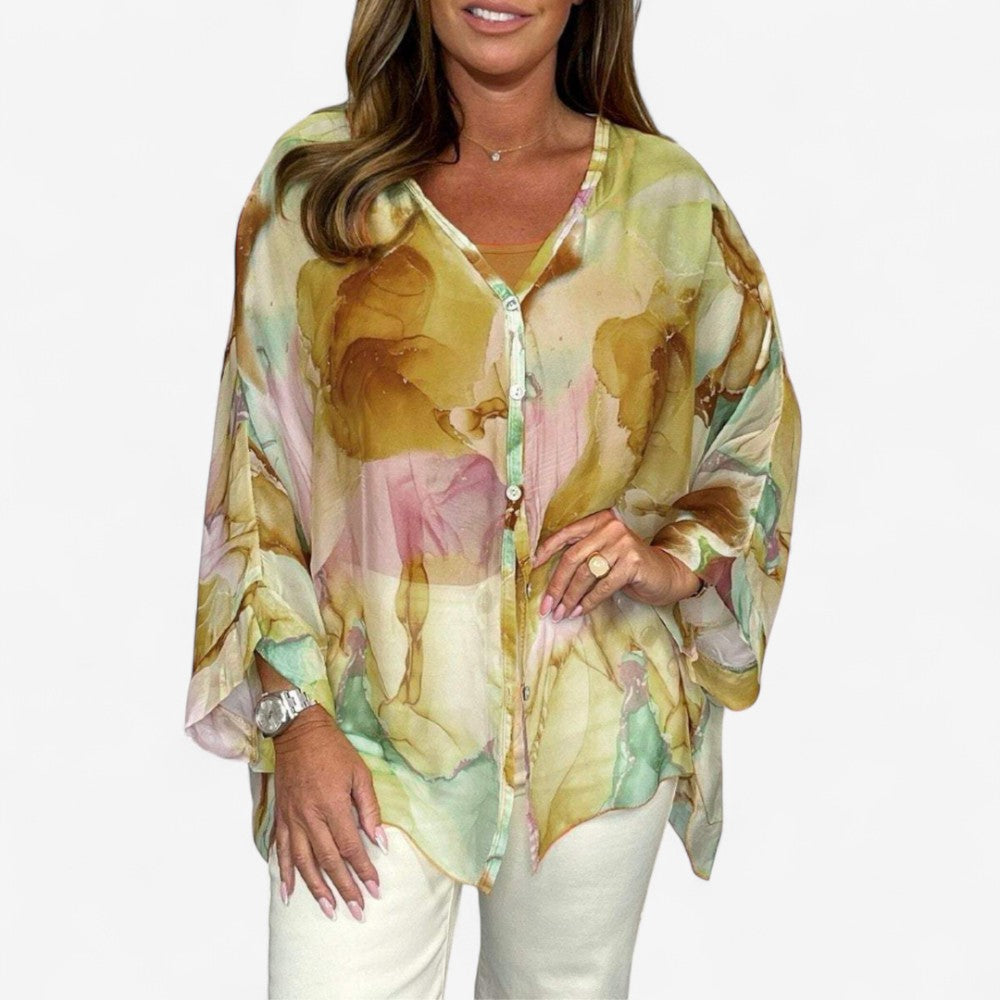 Fleur - V Hals Bedrukte Blouse met Lange Mouwen