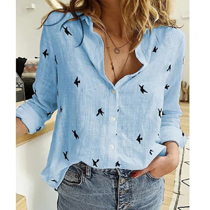 Sarah – Casual blouse met lange mouwen vogelprintdetails en knoopsluiting