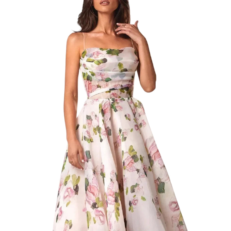 Luna - Mouwloze Midi Jurk met Bloemenprint en Spaghettibandjes