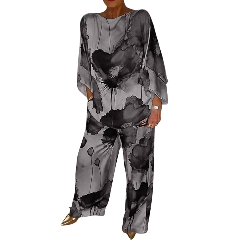 Alina – Casual Tweedelige Satijnen Set met Ronde Hals en Bloemenprint