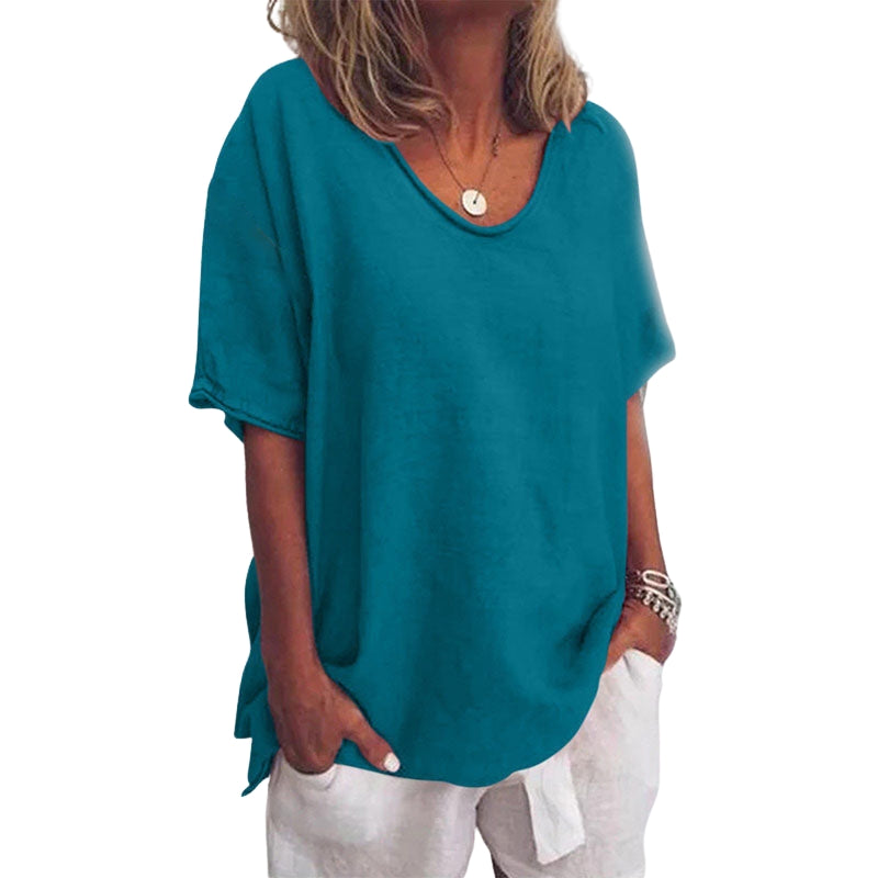 Evelyn - V hals Blouse met Korte Mouwen en Losse Pasvorm