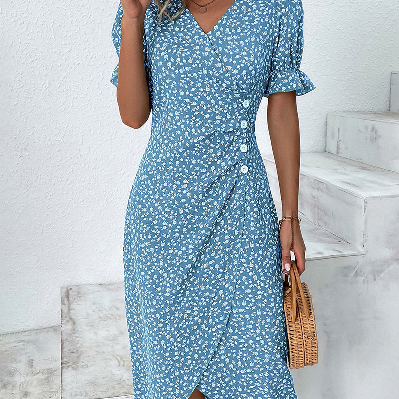 Elena – Bloemige Boho V Hals Jurk met Pofmouwen