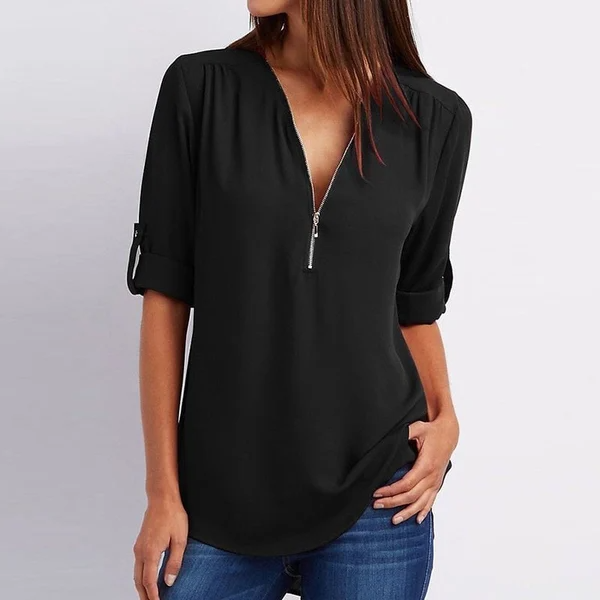 Siena – Losse blouse met ritssluiting aan de voorkant en diepe V-hals