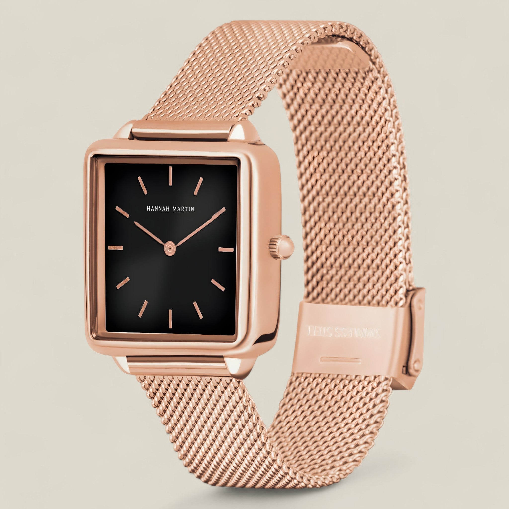 Nora - Tijdloos Rose Goud Vierkant Horloge Met Zwarte Wijzerplaat En Mesh Armband