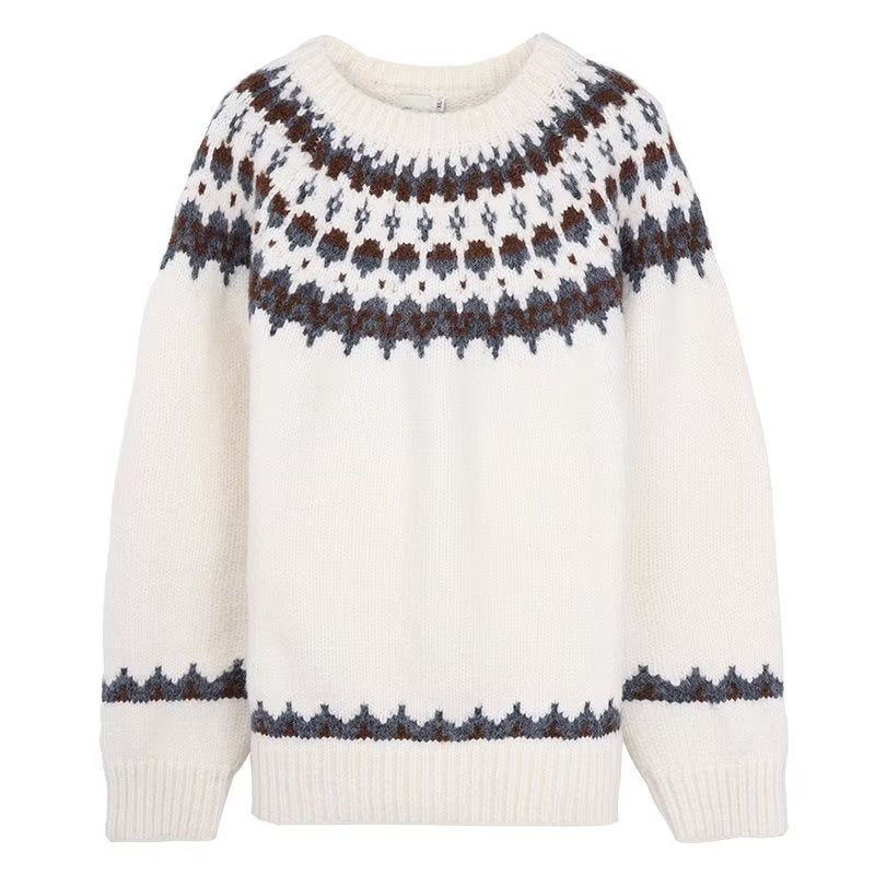 Lina - Slim Fit Fair Isle Trui met Geribde Boorden