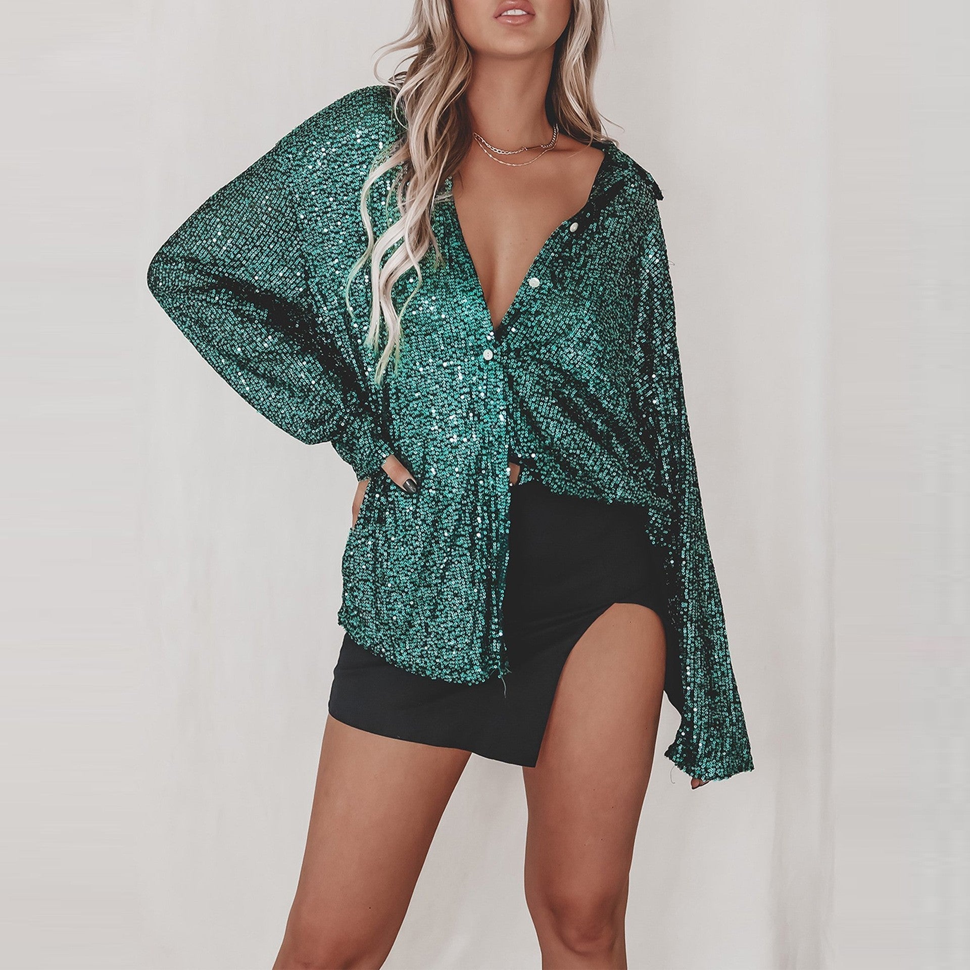 Luna - Sequin blouse met lange mouwen en klassieke kraag