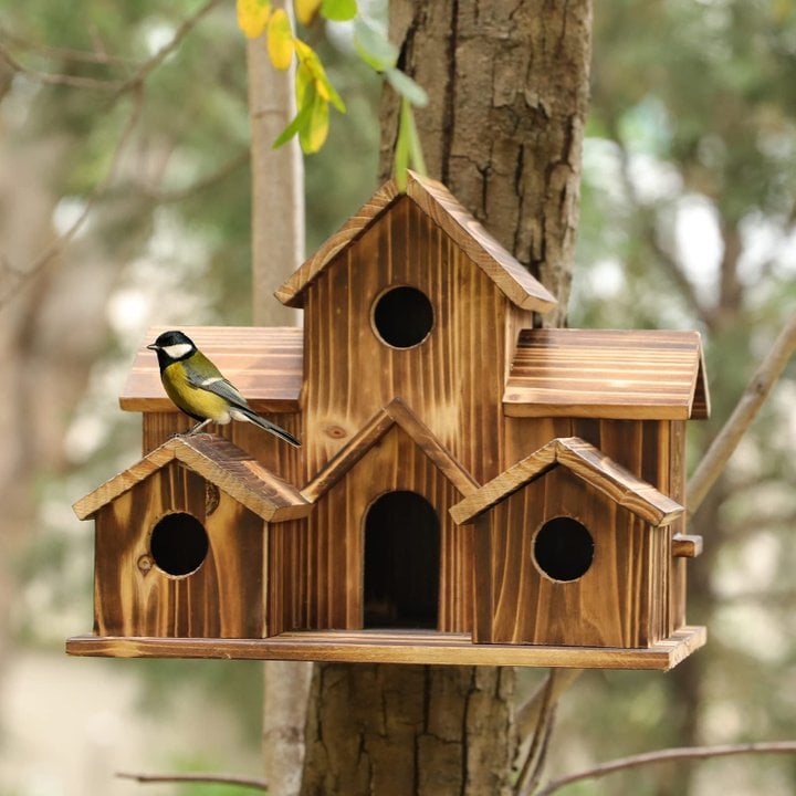 NestHaven - Handgemaakt vogelhuisje met 6 gaten en blokhutontwerp voor tuin en vogels