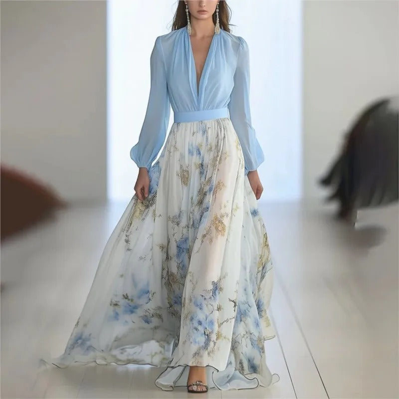 Harper – Elegante maxi-jurk met bloemenprint, diepe V-hals en lange mouwen