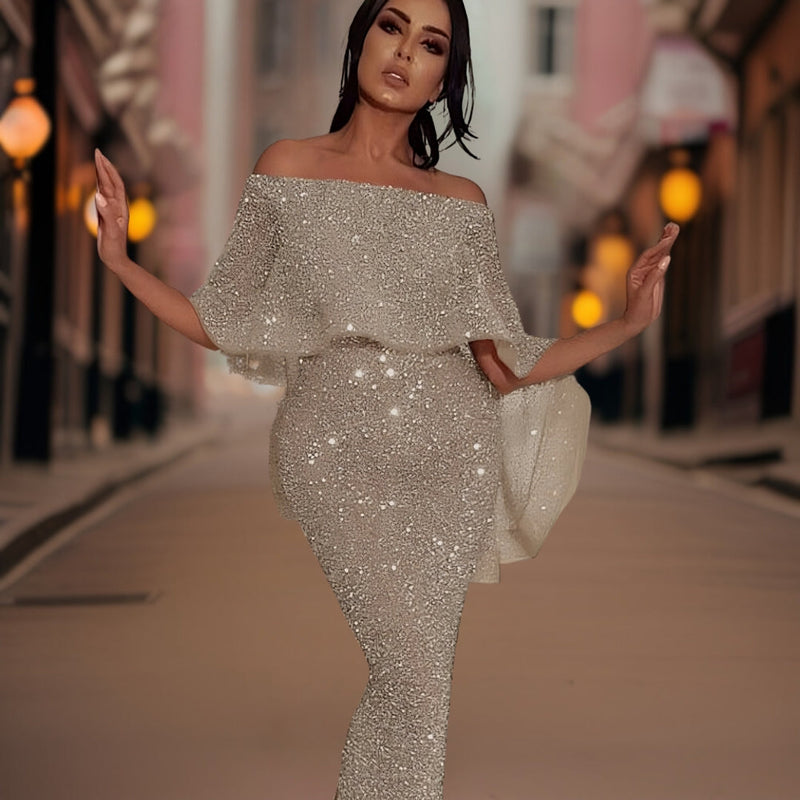 Celeste - Elegante off-shoulder jurk met vloeiende mouwen en getailleerd silhouet